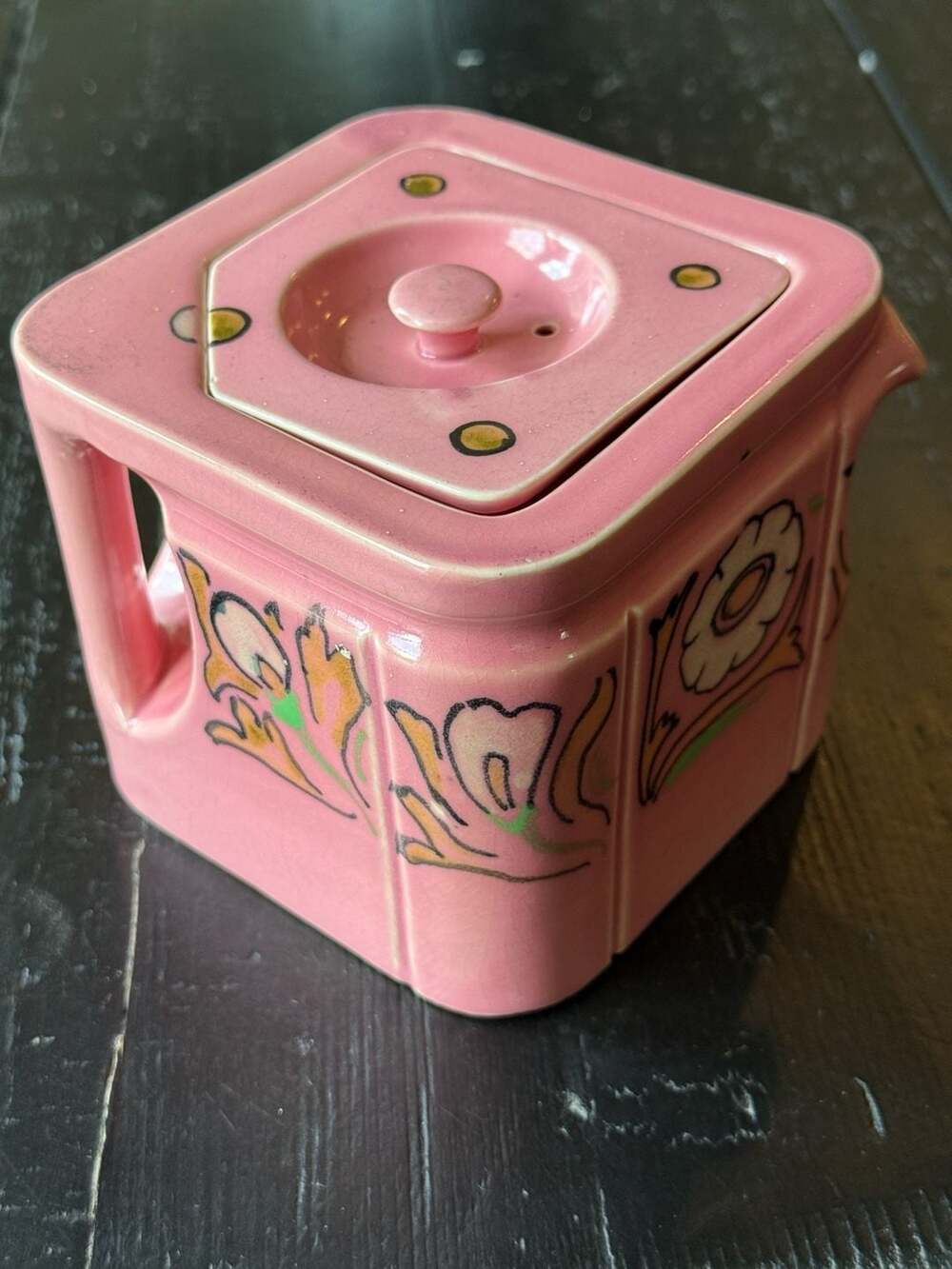 Vintage Art Deco Cube Square Teapot Pink Ceramic Hand Painted Floral